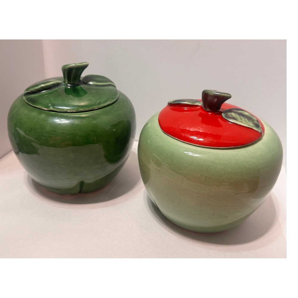 Vintage House of Webster Ceramic Apple Canister Set Green Red MCM 2pc